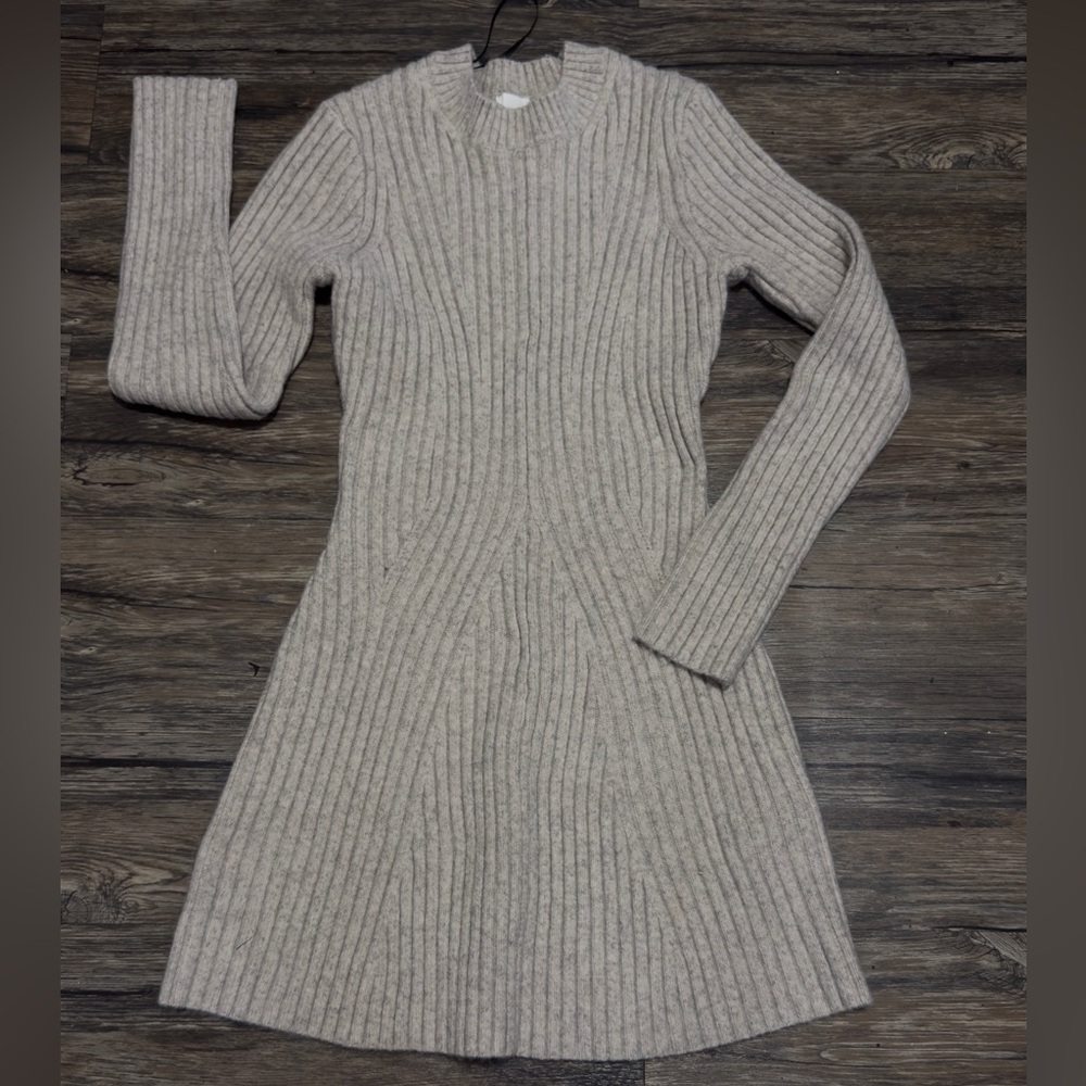 H&M Ribbed Long Sleeve Dress in Beige